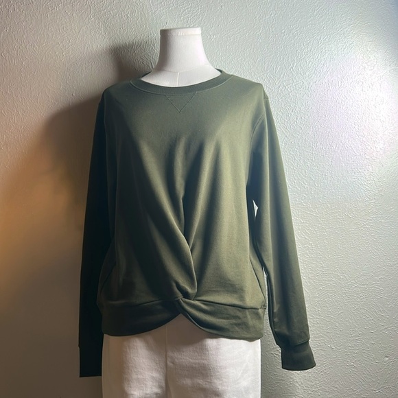 Michael Kors Olive | Army Green Twist Front Hem Pullover Lightweight‎ Sweatshirt - Picture 4 of 13